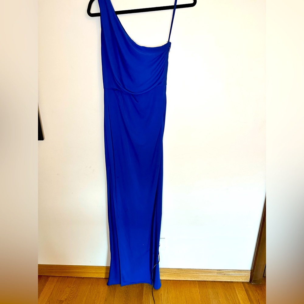 BCBG One Shoulder High Slit Royal Blue Floor Length Dress